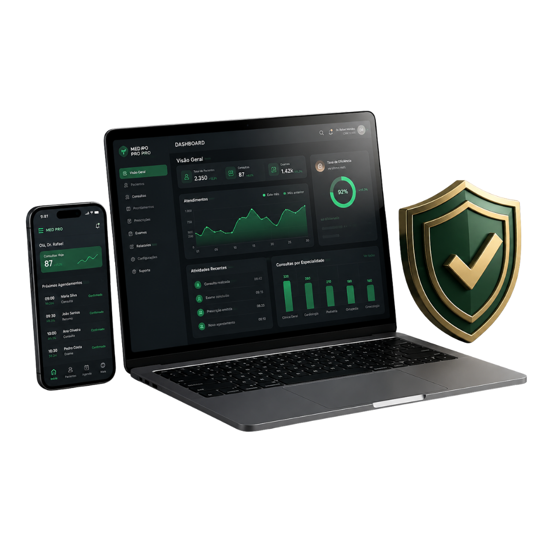 Mockup de notebook, celular e escudo MasterApp